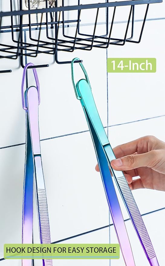 Tongs 14-Inch Stainless Steel Food Tweezers, 2-Pack, Rainbow Finish