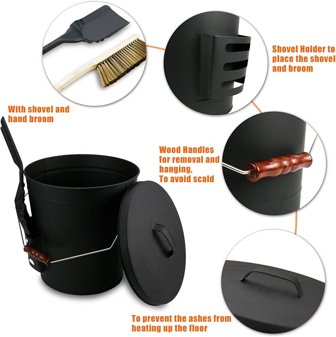 Grisun Ash Bucket with Lid, Shovel and Hand Broom, 5.2 Gallon Coal Bucket - Image 6