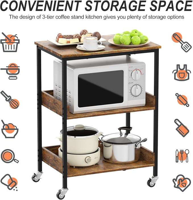 ASTARTH Kitchen Microwave Cart, 3 Tier Rolling Utility Cart on Wheels Coffee - Image 5