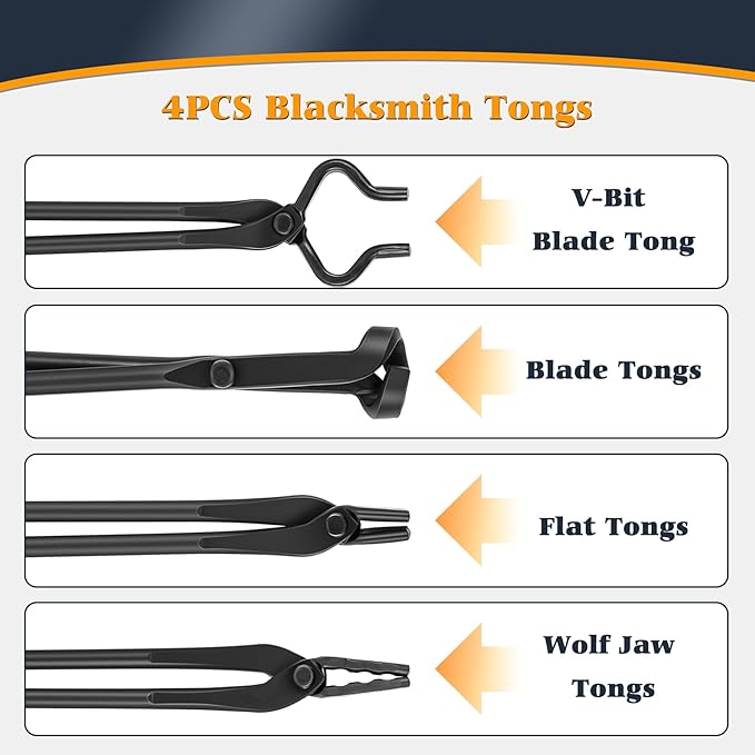 Knife Making Tongs Set, V-Bit Blade Tongs, 4-Piece, Black Steel