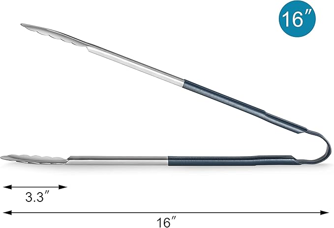 Serving Tongs, 16-Inch Stainless Steel with Blue Vinyl Handles