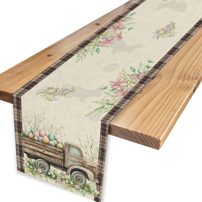 Easter Truck Table Runner, Rustic Brown Plaid Eggs Floral Bunny Spring Summer - Image 6
