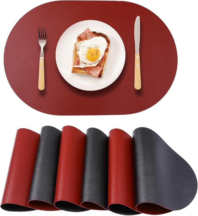 Oval Placemats Set of 6 Reversible Black and Red Faux Leather Placemat by Unknown
