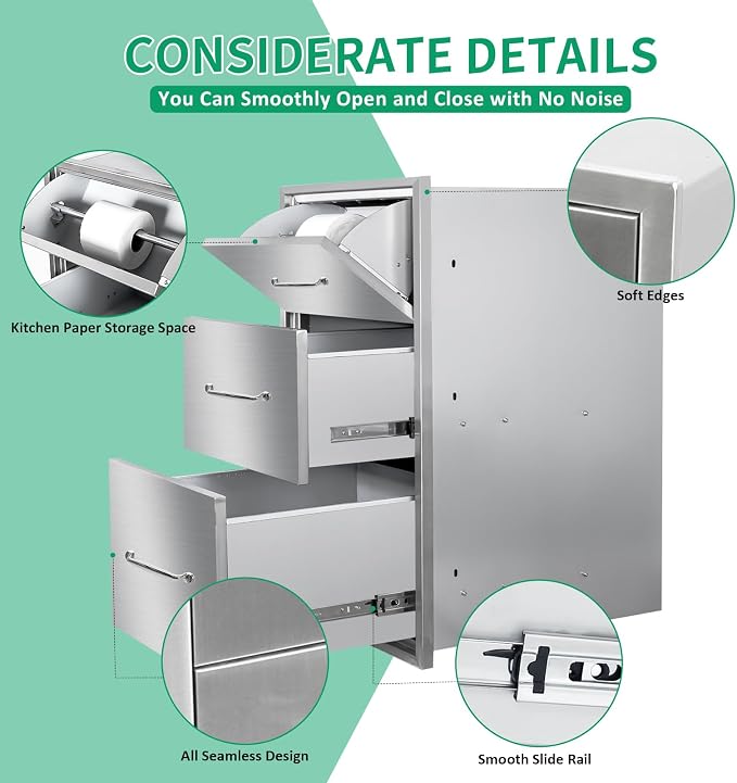 Outdoor Kitchen Drawers 17" W x 30" H x 20" D Stainless Steel Paper Towel - Image 4