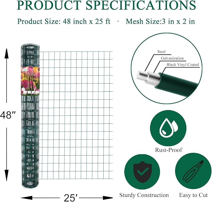 Green PVC Coated Welded Wire Fence 48 Inch x 25 Foot, 2 Inch x 3 Inch 16GA - Image 3