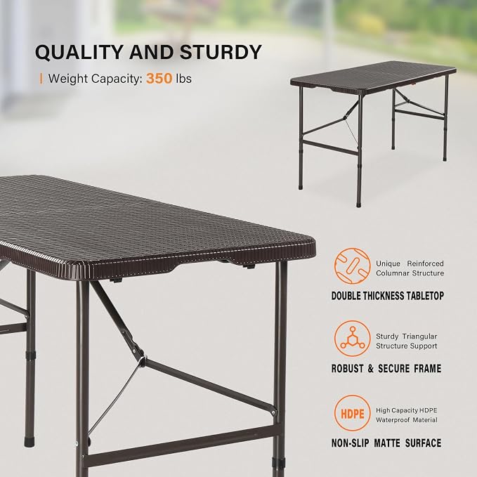 VINGLI 4 FT Plastic Folding Camping Table, Portable in/Outdoor Party Picnic - Image 4