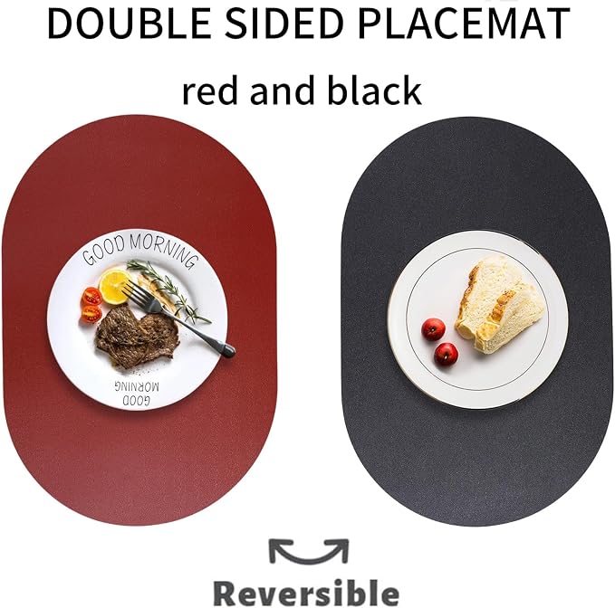 Oval Placemats Set of 6 Reversible Black and Red Faux Leather Placemat - Image 2