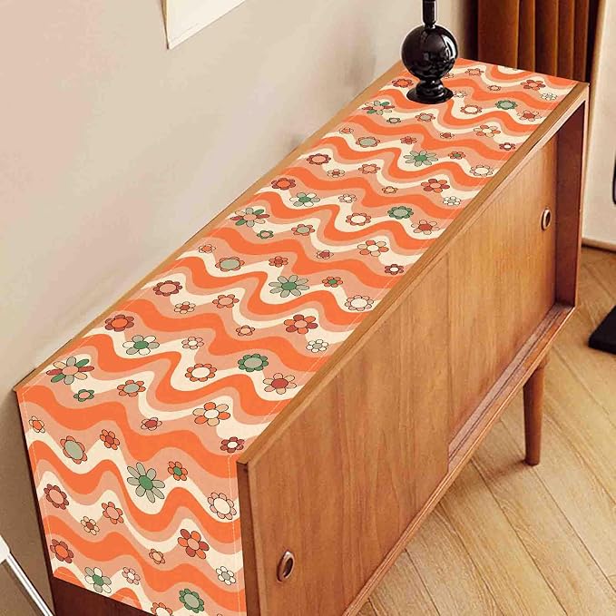 70s Table Runner, Retro Groovy Hippie Daisy Floral Orange Wave Funky Trippy - Image 3