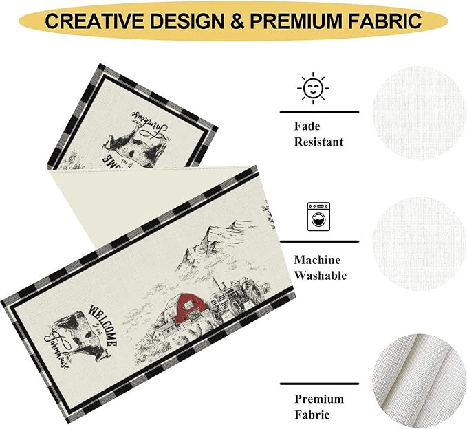 Farmhouse Table Runner, Rustic Country Barn Cottage Rooster Cow Check Animal - Image 5