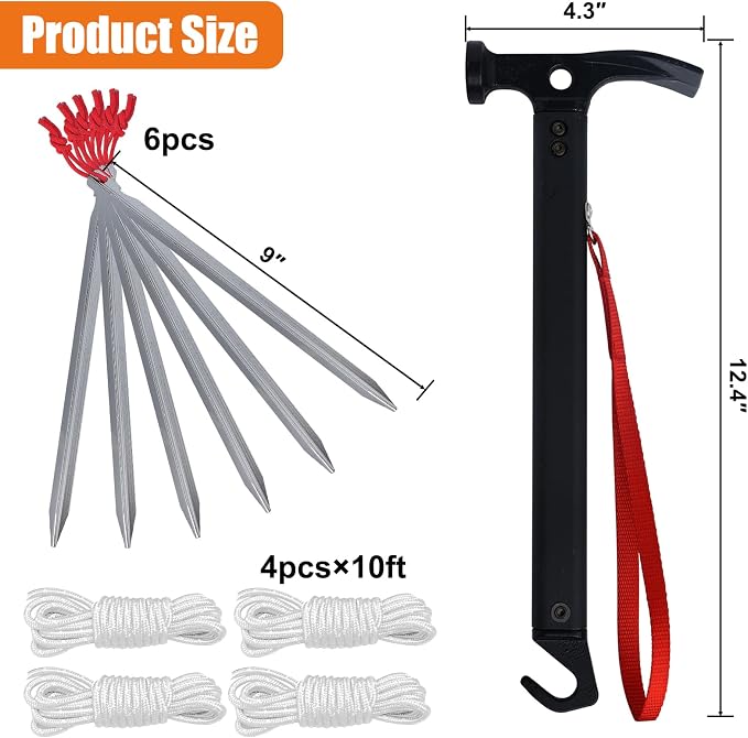 Eurmax USA Hiking Camping Tent Stakes and Hammer Set Lightweight Multi-Function - Image 5