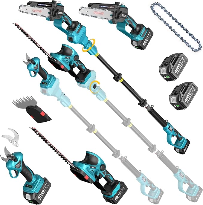 SEESII Cordless Pole Chainsaw, Hedge Trimmer, Pruning Shears, 4000mAh Battery by Seesii