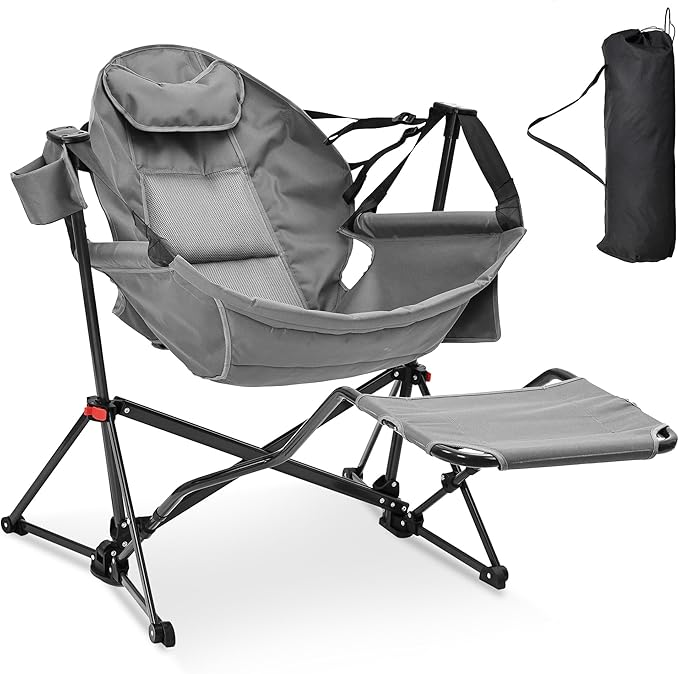 Camping Chair with Adjustable Recline and Detachable Footrest, Dark Grey