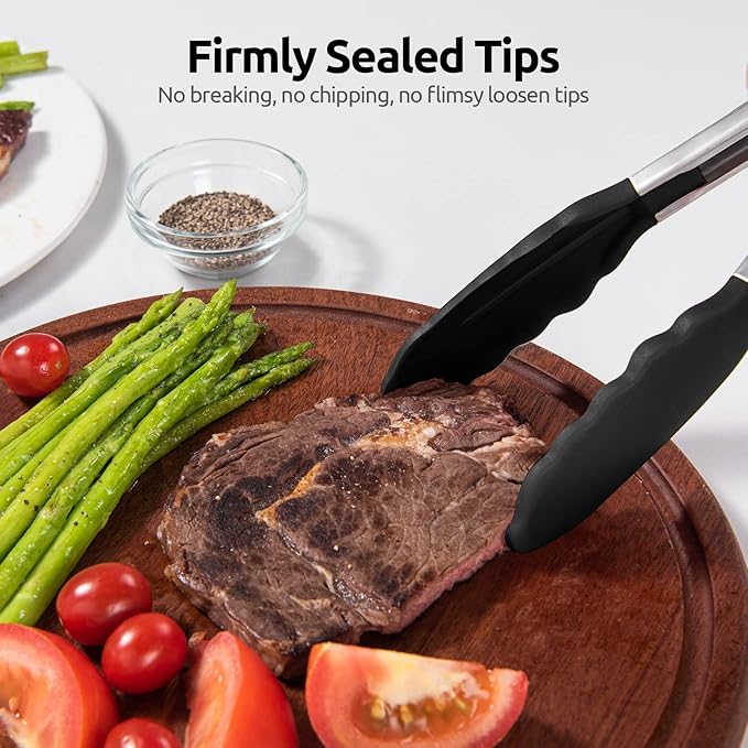 Tongs 16-Inch Black Stainless Steel with Silicone Tips and Locking Tab