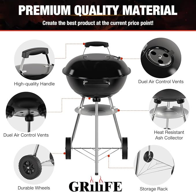 18 inch Charcoal Grill, Portable Kettle BBQ Grills, Perfect BBQ Gift, Durable & - Image 8