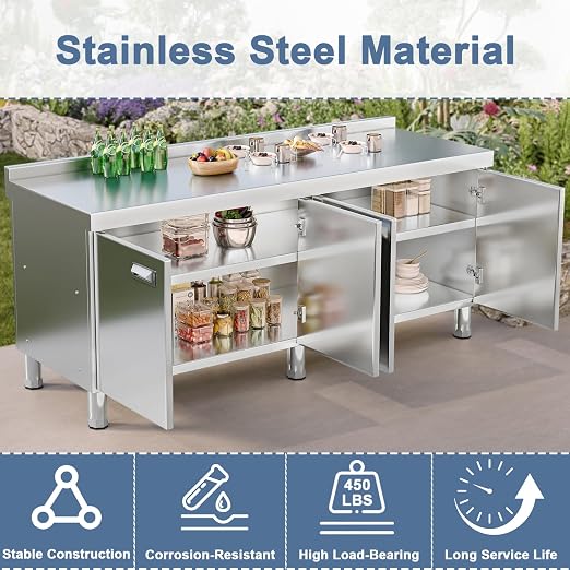 KINGBO 66.9" Stainless Steel Table Cabinet Heavy Duty Prep Table - Image 6