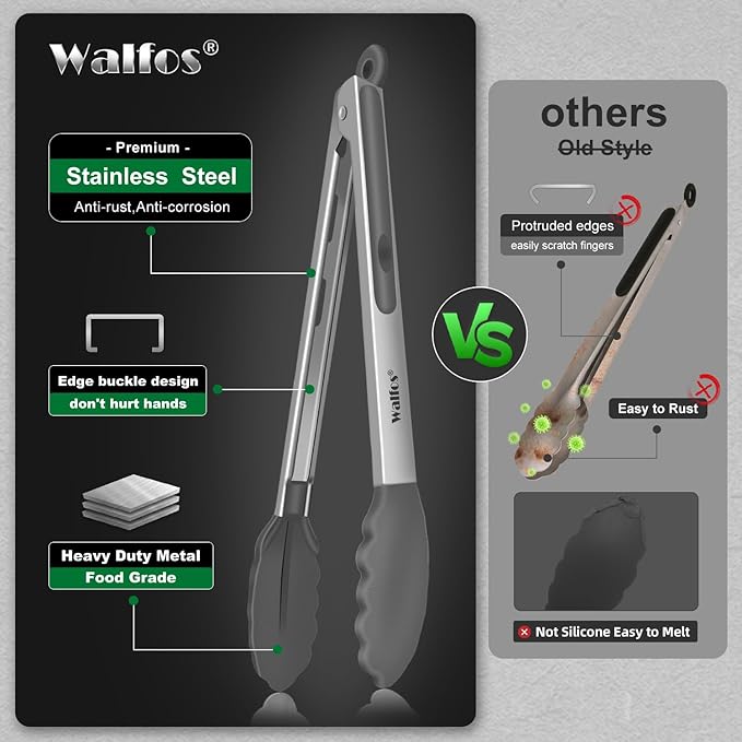 Tongs Set, 3 Sizes 7/9/12 Inch, Silicone Tips, Dark Grey