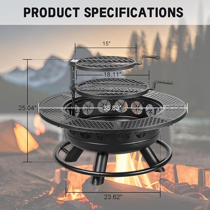 36 Inch Fire Pit with 2 Cooking Grills, Outdoor Wood Burning BBQ Firepit with - Image 6