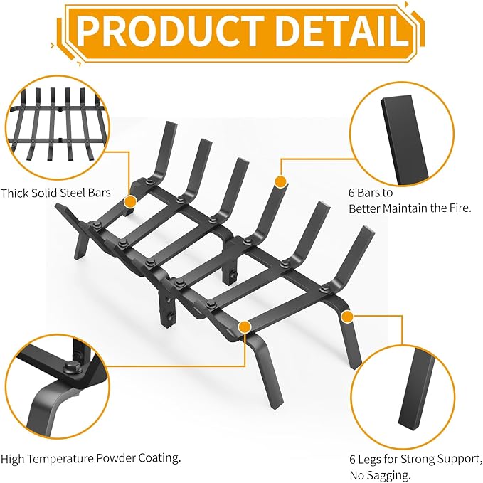Heavy Duty 21Inch Fireplace Grate, Solid Steel Log Rack - Image 4