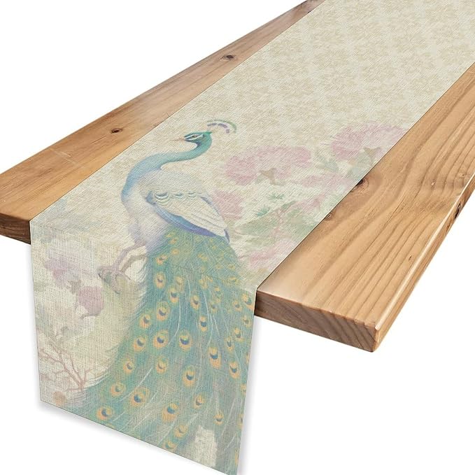 Peacock Table Runner, Rustic Traditional Chinese Style Watercolor Peacock Pink - Image 6