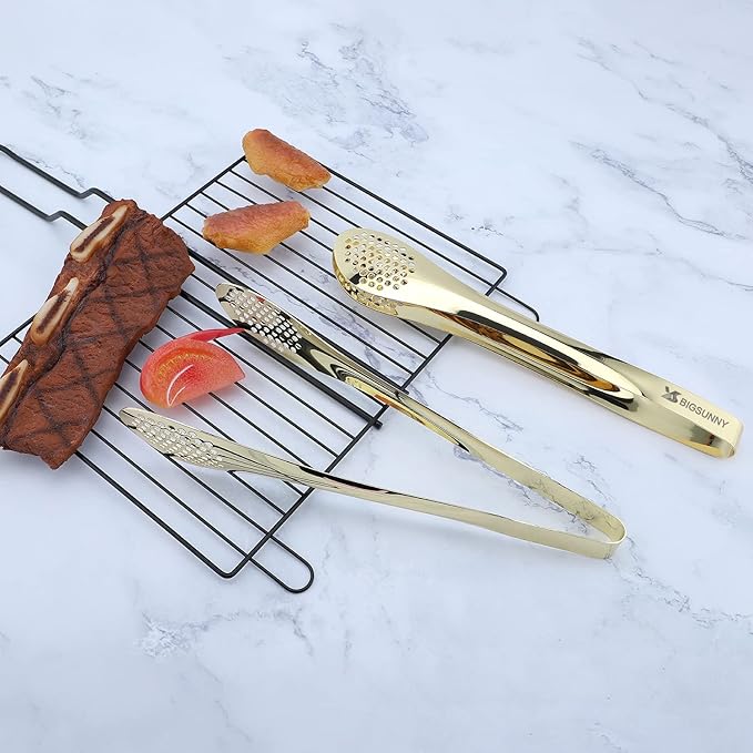 Serving Tongs, 11 Inch Gold Stainless Steel with Ergonomic Grip
