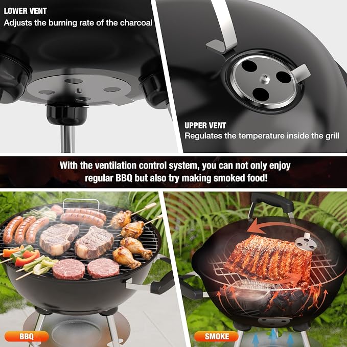 18 inch Charcoal Grill, Portable Kettle BBQ Grills, Perfect BBQ Gift, Durable & - Image 5