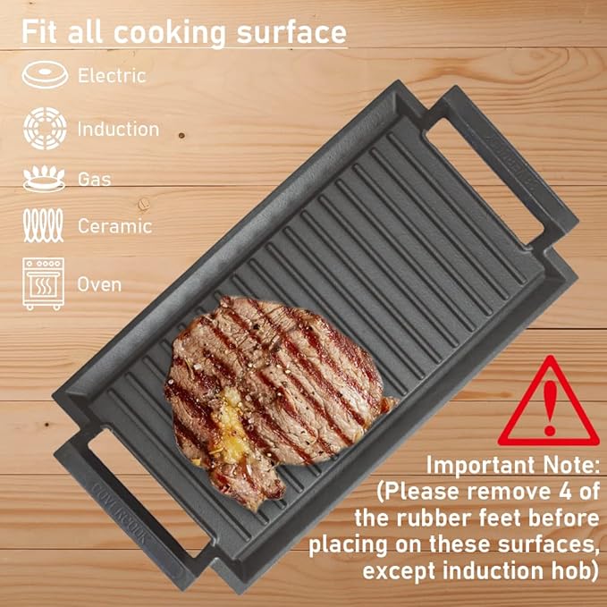 Griddle Pan, Ribbed Cast Iron Surface, Gray, 16.7 x 9.1 in