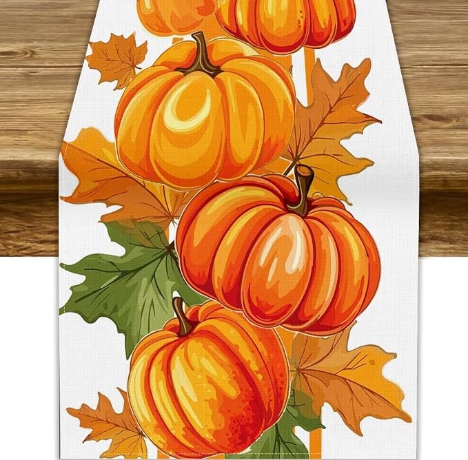 Fall Pumpkin Table Runner, Autumn Orange Maple Leaves Print Table Runner by JanJCurt