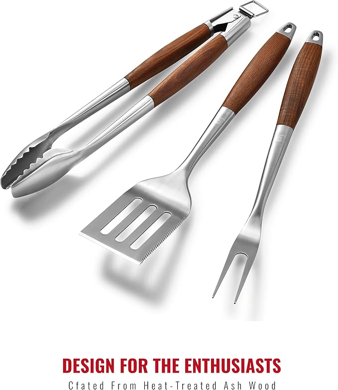 Heavy-Duty Heat-Treated Ash Wood BBQ Grilling Tools Set | Extra-Thick Stainless - Image 3