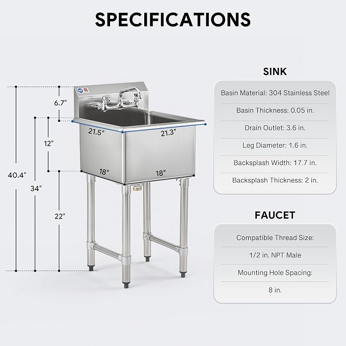 WILPREP 1-Compartment Sink, Freestanding Single Bowl Utility Sink, Work Station - Image 8