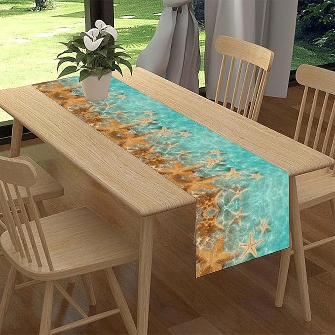 Summer Ocean Table Runner, Nautical Coastal Starfish Beach Seashell Ocean - Image 2