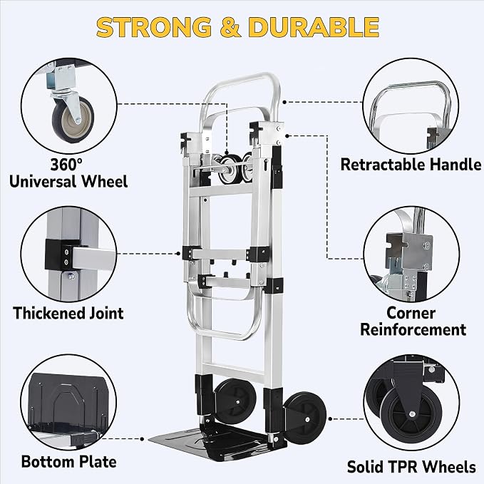 Upgraded 3 in 1 Aluminum Folding Hand Truck, 600lbs Capacity, Heavy Duty - Image 5