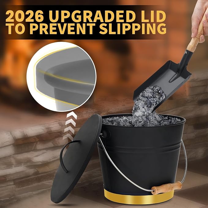 Mini Ash Bucket with Lid, Shovel & Hand Broom, Galvanized Steel Metal Charcoal - Image 2