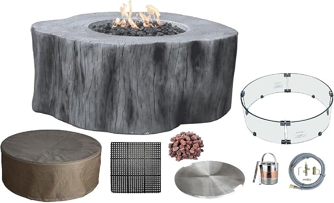 Elementi | Bundle Manchester Gas Fire Pit Cast Concrete Semi-Round Fire Table by AMSFireplaceInc