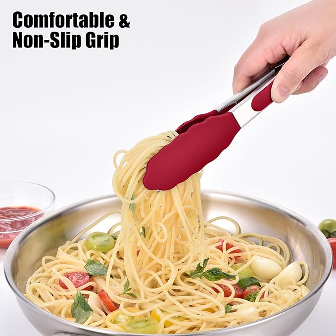Tongs, 10.51-Inch Stainless Steel with 600°F Silicone Tips, Red