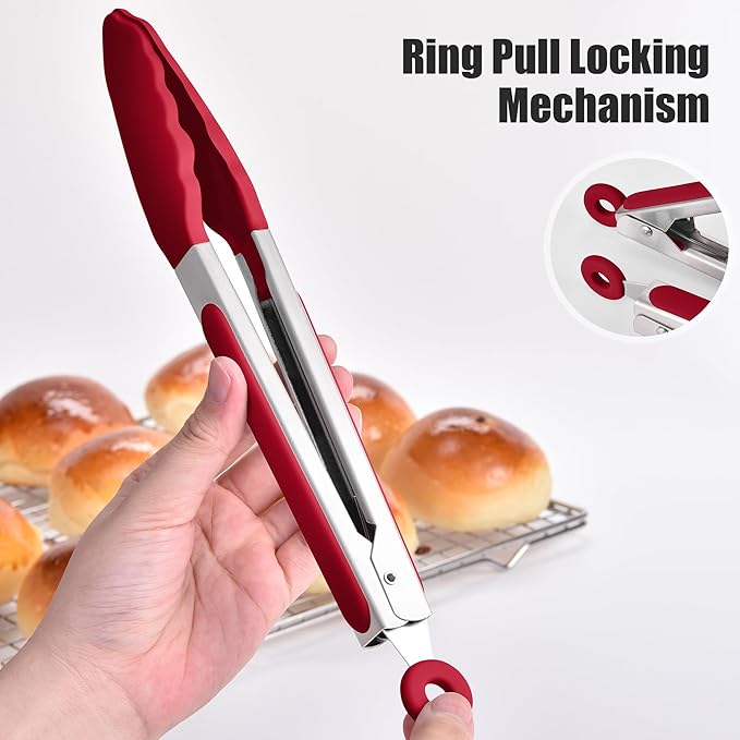 Tongs with Silicone Tips, Stainless Steel, 600°F Heat Resistant, Red