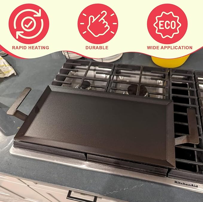 Griddle, Black Carbon Steel, 24 x 10.5 Inch with Heat-Resistant Gloves
