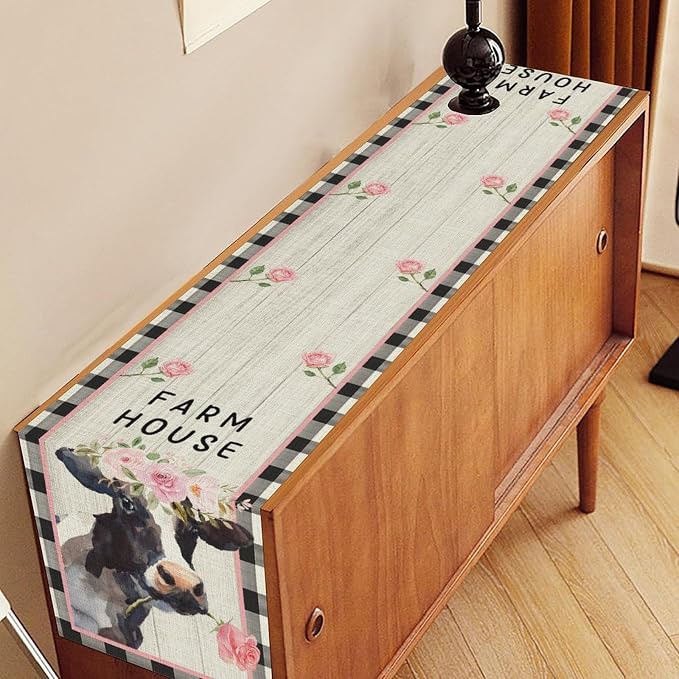 Cow Farmhouse Table Runner, Rustic Black White Plaid Buffalo Animals Flower - Image 3
