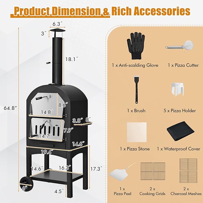 Happygrill Outdoor Pizza Oven Wood Fired, Portable Pizza Maker Grill w/Stone - Image 8
