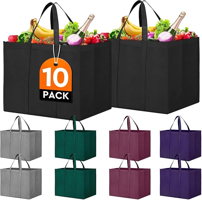 WISELIFE Reusable Grocery Shopping Bags 10 Pack Large Foldable Tote Bags Bulk by WiseLife