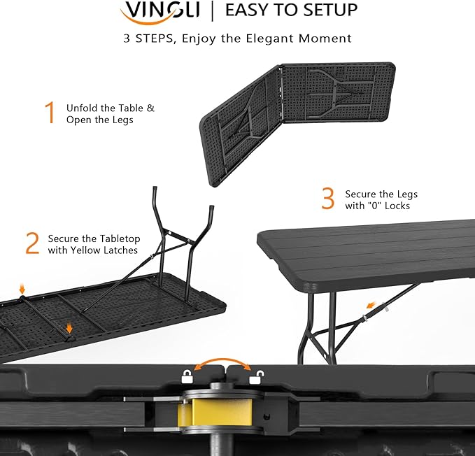 VINGLI 8 Foot Plastic Folding Table Portable Long Table - Image 3
