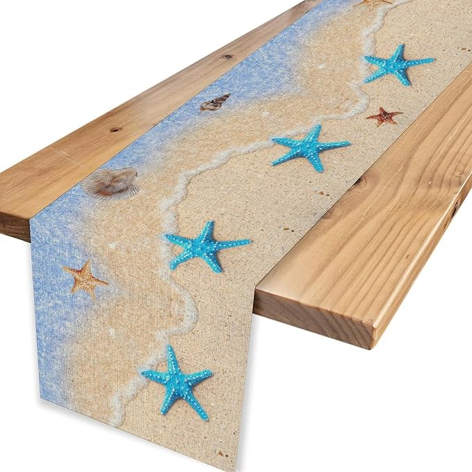 Summer Beach Table Runner, Nautical Starfish Coastal Seashell Ocean Blue Sea - Image 4