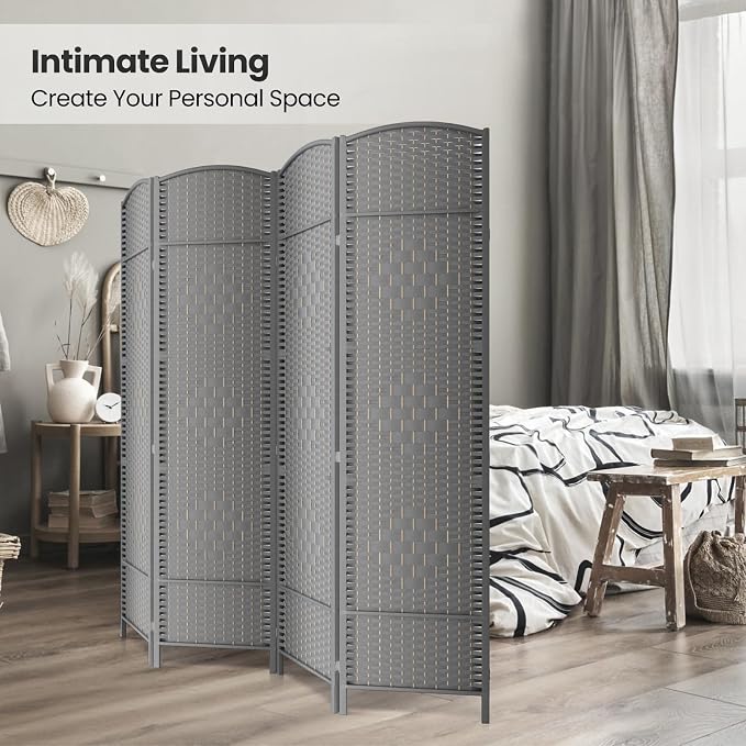 Paper Rope Room Divider, 4 Panel Wood Mesh Woven Design Screen - Image 4
