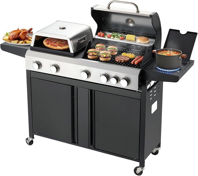 MELLCOM 3 IN 1 Pizza Griddle Grill Combo, 000 BTU 5 Burner Stainless Steel by MELLCOM