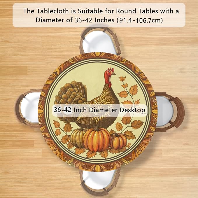 Thanksgiving Vintage Turkey Round Table Cloth Cover, Elastic Edge Waterproof - Image 2
