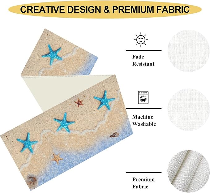 Summer Beach Table Runner, Nautical Starfish Coastal Seashell Ocean Blue Sea - Image 5