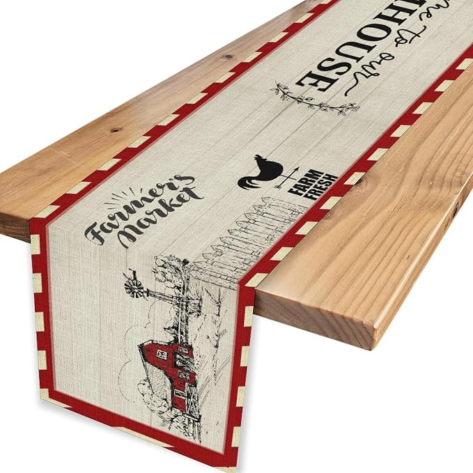 Farmhouse Table Runner, Rustic Country Barn Cottage Rooster Check Animal Plank - Image 4