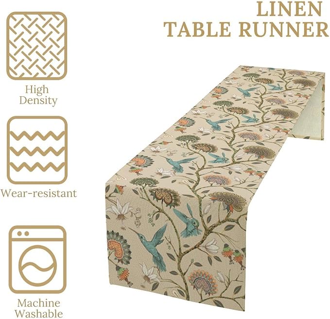 Floral Bird Table Runner, Vintage Boho Flower Birds Print William Morris Style - Image 5