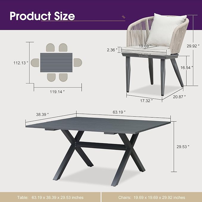 PURPLE LEAF 7 Pieces Patio Dining Set Wicker Outdoor Furniture Rectangular - Image 9