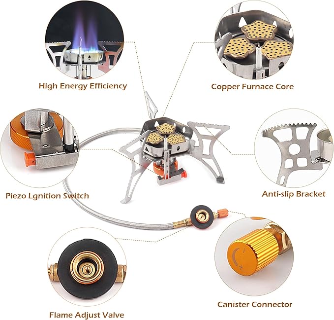 6800W Camping Stove with Fuel Canister Adapter Portable Backpacking Gas Stove - Image 2