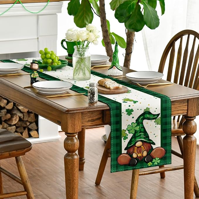 Artoid Mode Shamrock Buffalo Plaid Gnomes Lucky St. Patrick's Day Table Runner - Image 3